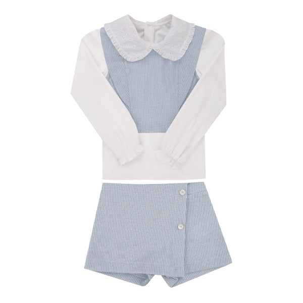 Conjunto Blusa Plush com Gola Trabalhada, Colete e Shorts Saia Knitting Texturizado Paraiso