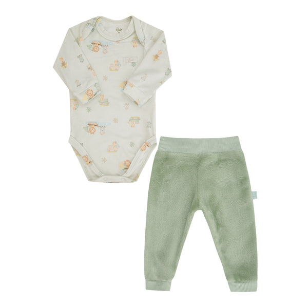 Conjunto Baby Longo de Body em Plush Estampado com Calça em Pelo Quentinho e Cós em Ribana Letut