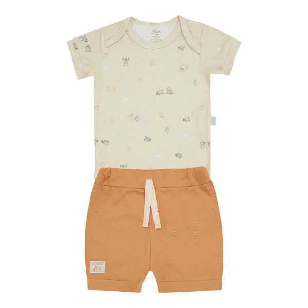 Conjunto Baby Curto com Body em Malha Tricô Estampado e Shorts em Algodão Confortável Letut