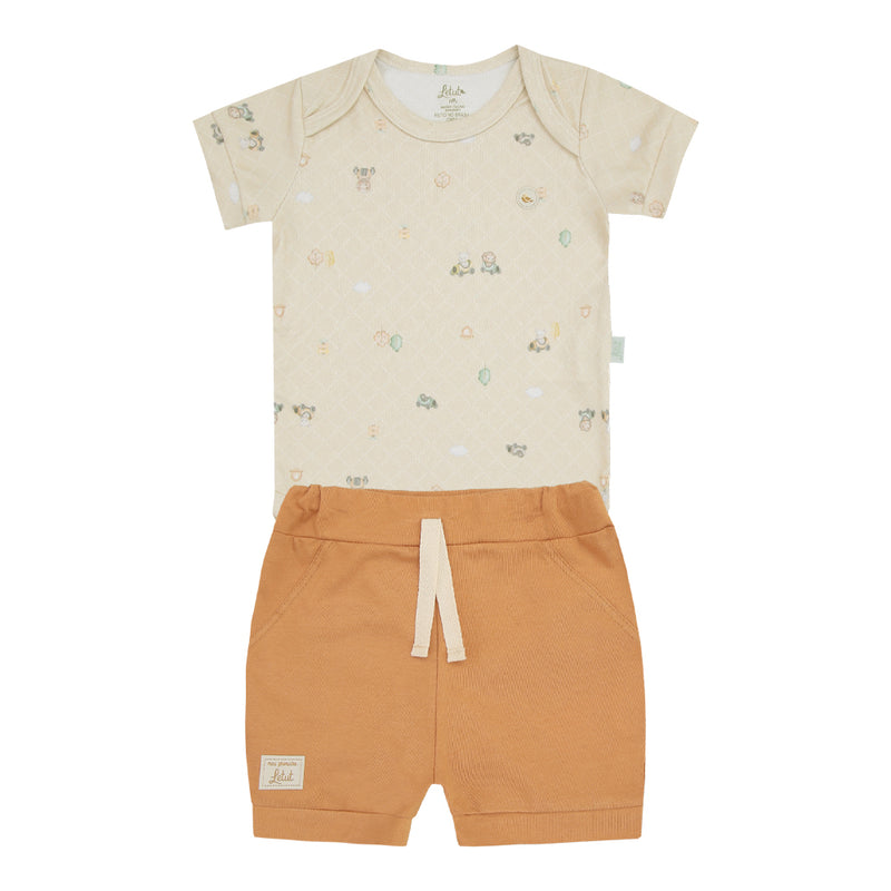 Conjunto Baby Curto com Body em Malha Tricô Estampado e Shorts em Algodão Confortável Letut - Image 2