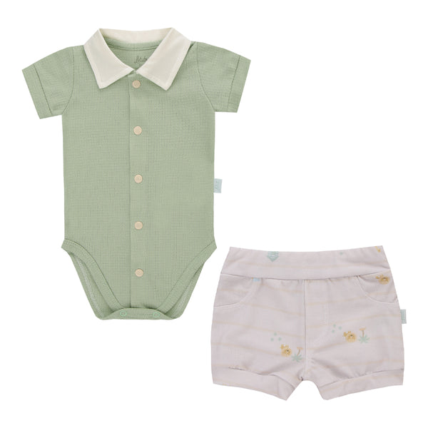 Conjunto Baby Curto com Body em Malha Trabalhada Leve e Shorts Estampado Confortável LeTut