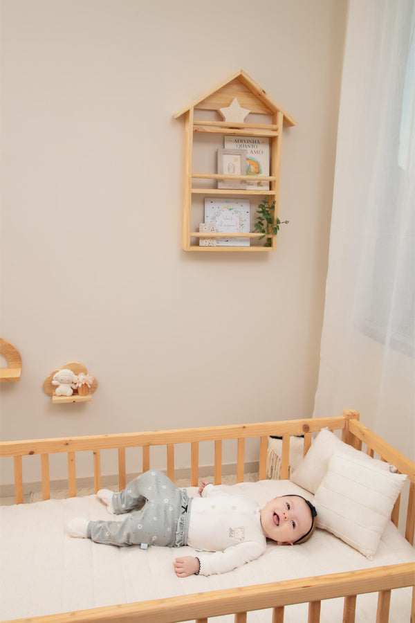 Conjunto Baby Longo de Body em Plush Liso com Bordado e Calça Estampada com Babadinhos e Laço Letut