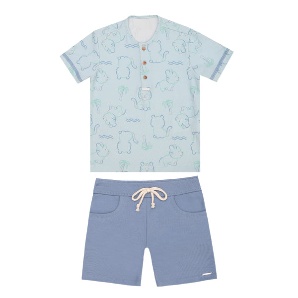 Conjunto Masculino de Camiseta Estampada com Abertura em Botão e Shorts Molecotton Le Bhua