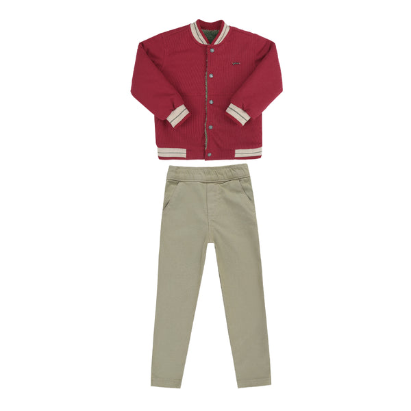 Conjunto Casaco Malha Canelada com Forro em Pelo e Calça Sarja Color com Bolsos Funcionais Paraiso