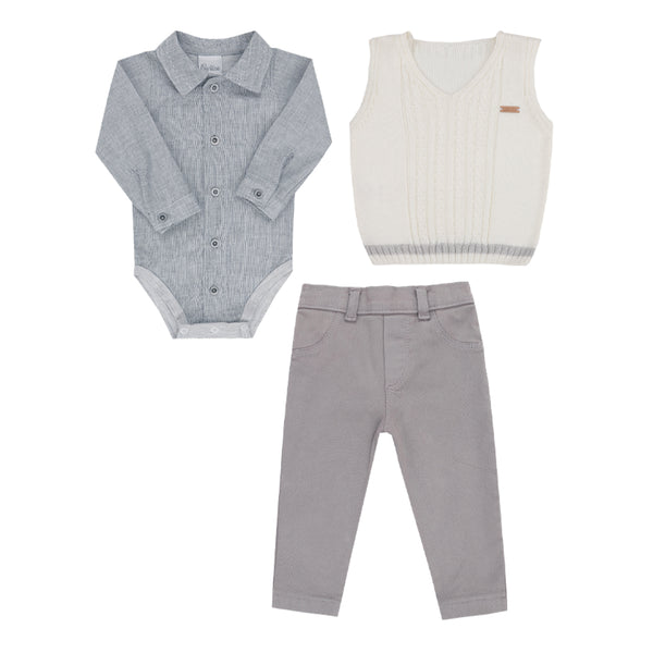 Conjunto Body Camisa Manga Longa com Colete Tricô Trabalhado e Calça Sarja Color Paraiso