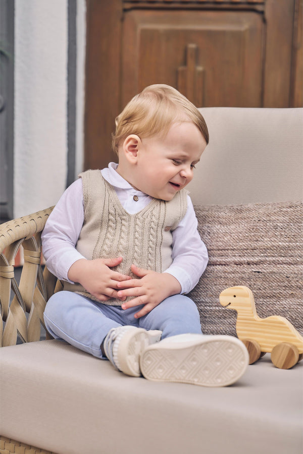Conjunto Body Camisa Manga Longa com Colete Tricô Trabalhado e Calça Sarja Color Paraiso