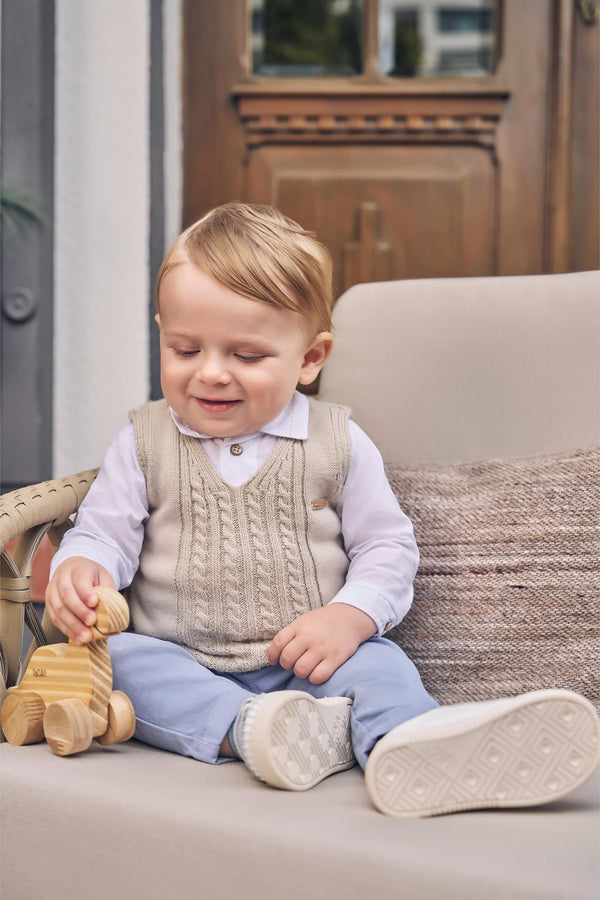 Conjunto Body Camisa Manga Longa com Colete Tricô Trabalhado e Calça Sarja Color Paraiso