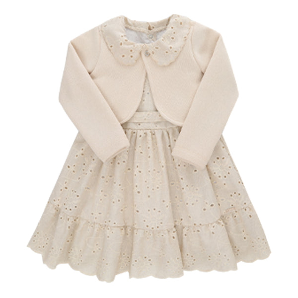 Vestido Broderie com Gola Bordada, Cinto Regulável e Bolero Tricô Felpado Paraiso - 17943