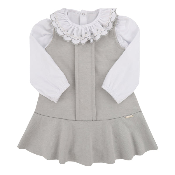 Vestido Malha Roma com Pregas e Body Manga Longa com Gola Bordada Paraiso