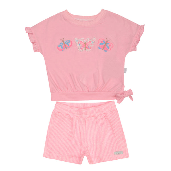 Conjunto Feminino de Blusa Bordada com Detalhe de Laço na Cintura e Shorts em Malha Trabalhada Le Bhua