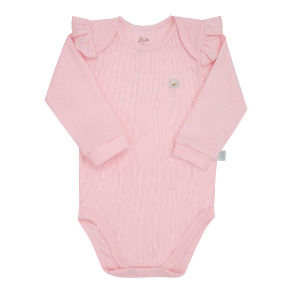 Body Manga Longa Linha Amamentação em Malha Canelada com Babadinho nos Ombros Letut