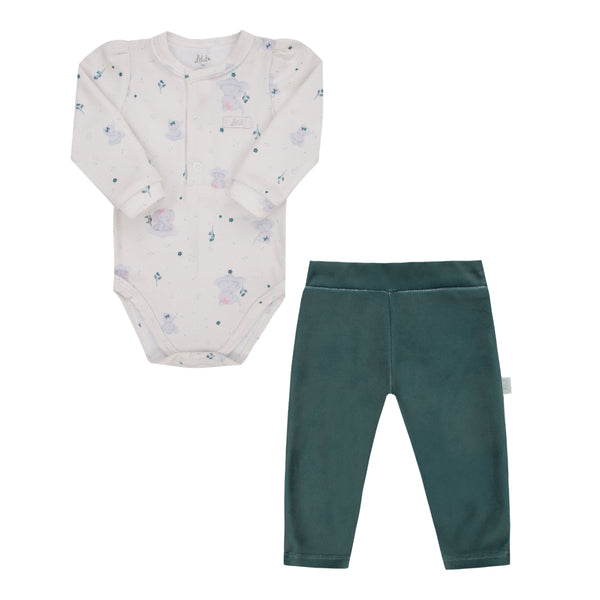 Conjunto Baby Longo de Body em Plush Estampado com Calça em Plush Liso e Cós de Elástico Letut