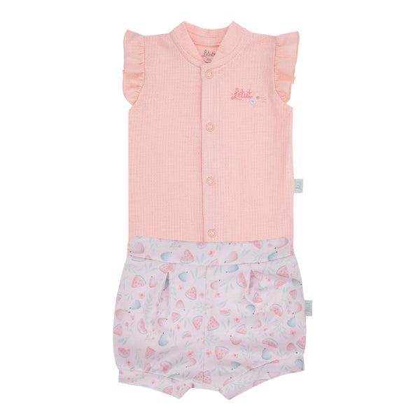 Conjunto Baby Curto com Body em Malha Trabalhada e Shorts Estampado de Frutinhas Letut