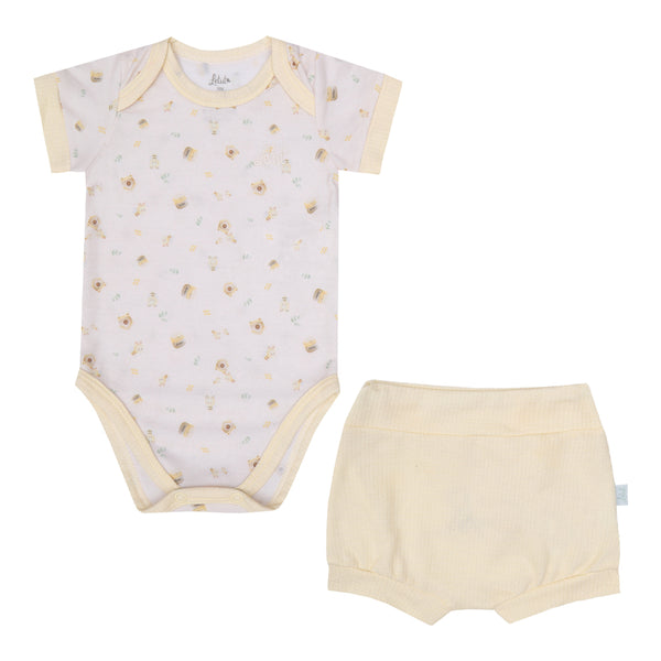 Conjunto Baby Curto Unissex Body Estampado e Shorts Bordado Abelhinha Letut