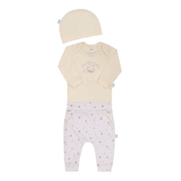 Kit 3 Peças Body Longo, Calça e Touca Malha Trabalhada e Estampada Letut