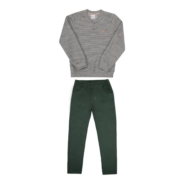 Conjunto Blusa Malhão Texturizado e Calça Sarja Verde Escuro Casual Paraiso 16387
