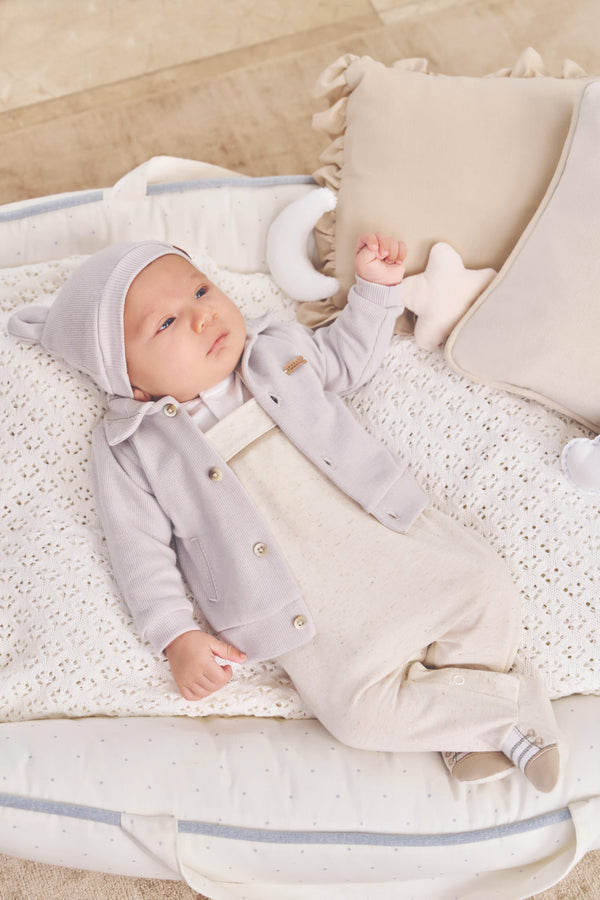 Saída Maternidade Malha Eco Linho com Body, Casaco, Touca em Tricotil Paraiso 16143