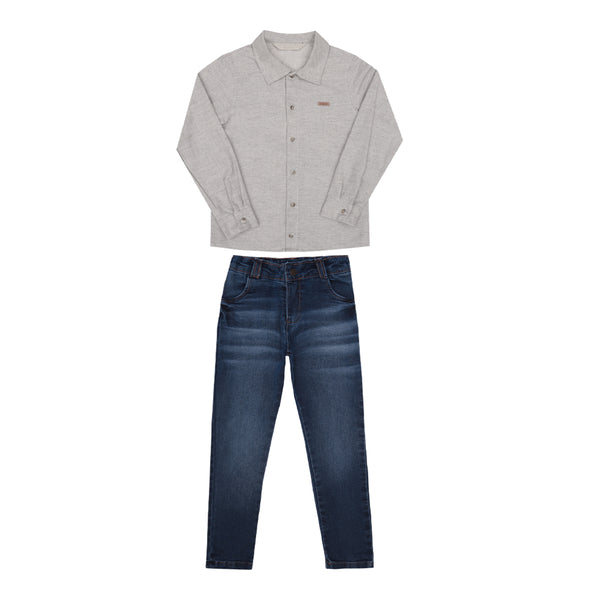 Conjunto Camisa Tecido Mesclado e Calça Jeans Elástico Casual Bege Paraiso 16386