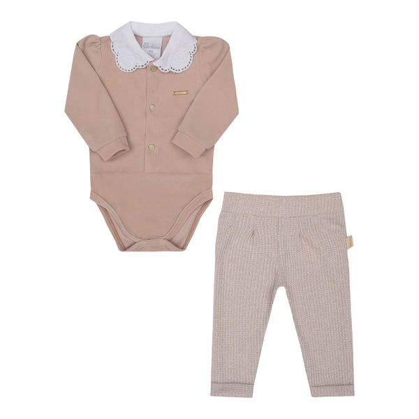 Conjunto Baby Longo Body Plush e Calça Malha Felpada Bege Delicado Paraiso 16195