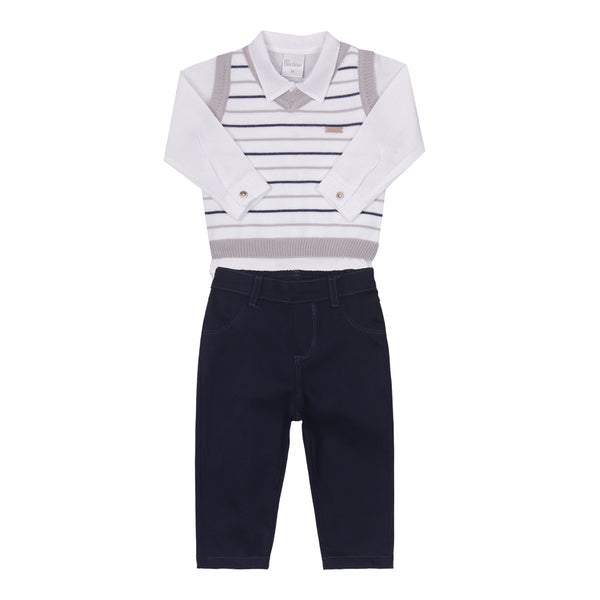 Conjunto Casual Body Camisa, Colete de Tricô e Calça Sarja em Azul Paraiso 16207