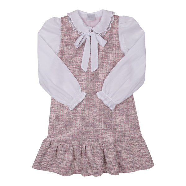 Conjunto Vestido e Camisa Malha Tweed e Cambraia Bordada Coral Elegante Paraiso 16400