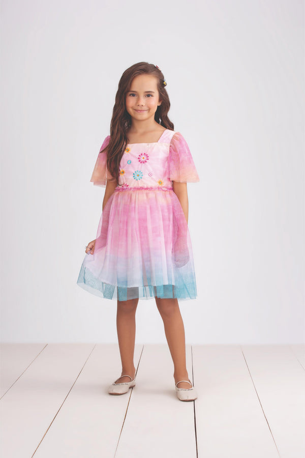 Vestido Kids Verão Em Tule Estampado e Tricoline Paraiso 17163