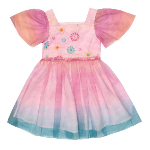 Vestido Kids Verão Em Tule Estampado e Tricoline Paraiso 17163