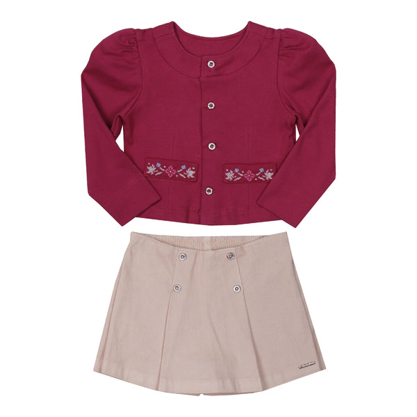 Conjunto Casaco Suedine Bordado e Shorts Saia Sarja Canelada Elegante Paraiso 16325