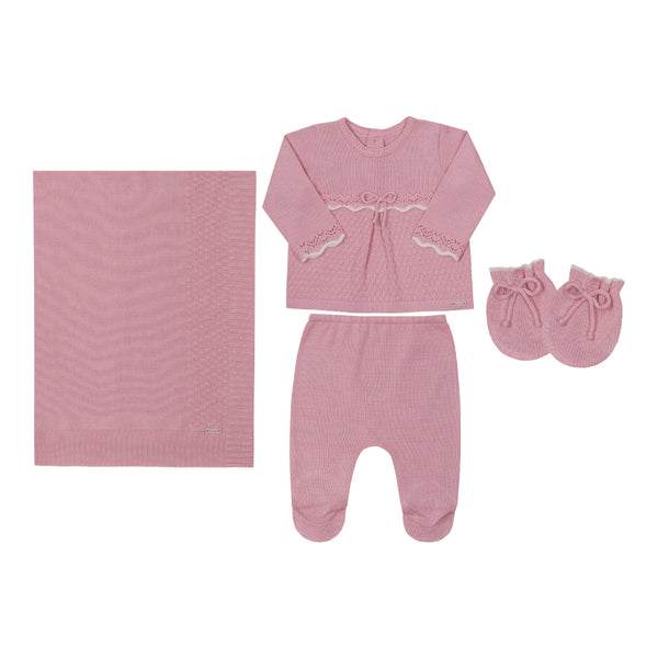 Saída de Maternidade Tricô Trabalhado Blusa, Calça, Luvas e Manta Paraiso