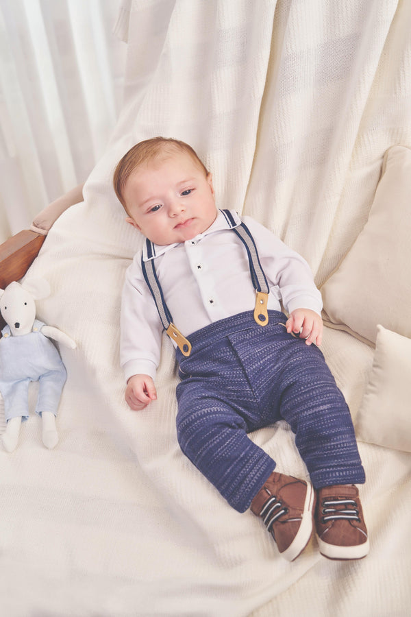 Conjunto Baby Longo Plush Body e Calça Malha Mesclada com Suspensório Paraiso