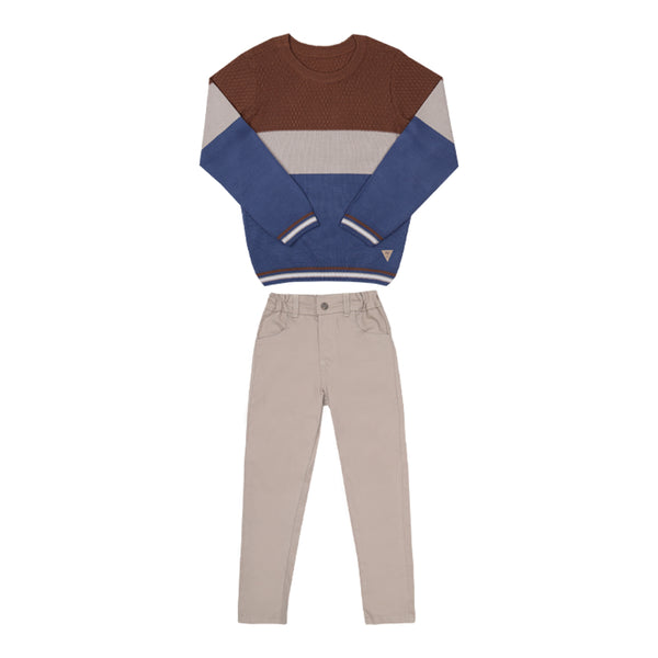 Conjunto Blusa Tricô Trabalhado e Calça Sarja Elástico Casual Bege Paraiso