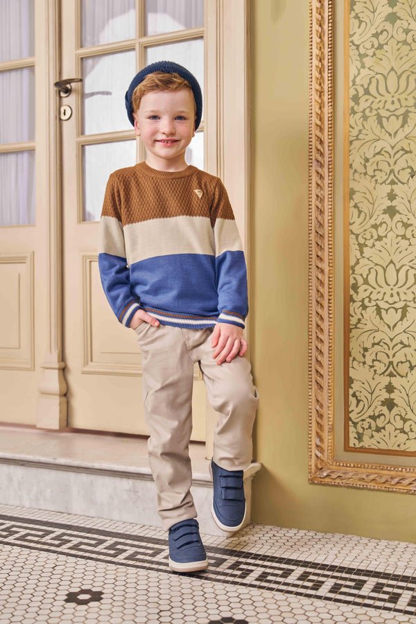 Conjunto Blusa Tricô Trabalhado e Calça Sarja Elástico Casual Bege Paraiso