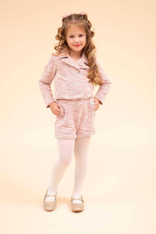 Conjunto Casaco e Shorts em Malha Tweed Trabalhada Mesclada Elegante Paraiso 16380