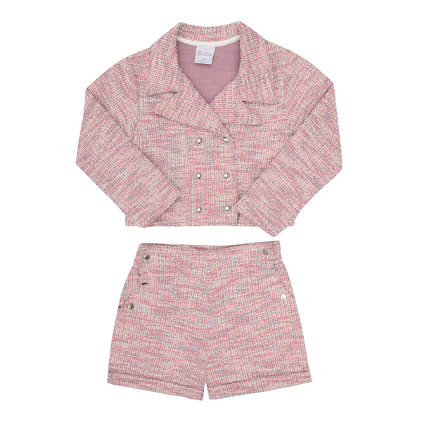 Conjunto Casaco e Shorts em Malha Tweed Trabalhada Mesclada Elegante Paraiso 16380