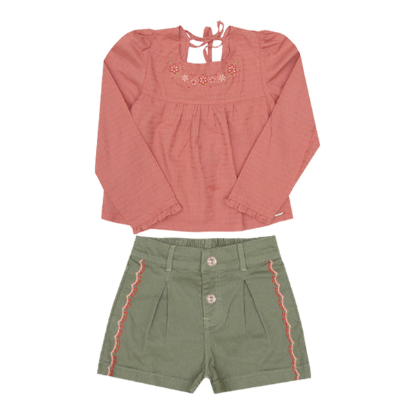 Conjunto Blusa Maquinetada com Laço e Shorts Sarja Bordado Fashion Paraiso