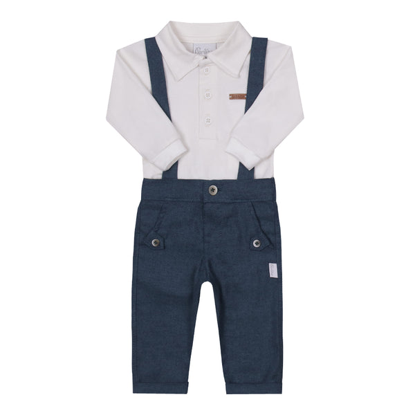 Conjunto Baby Longo Body Malha Conforto e Calça Flanelada com Suspensório Paraiso