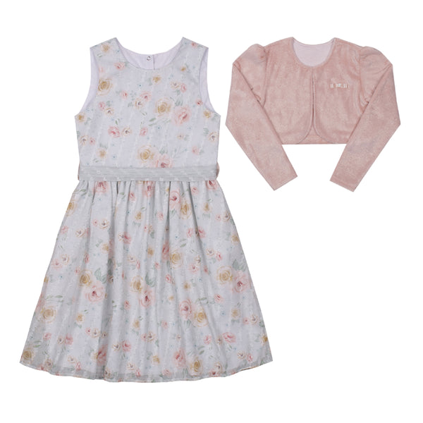 Conjunto Vestido Chiffon Estampado e Bolero Pelo Foil Brilhoso Festa Paraiso