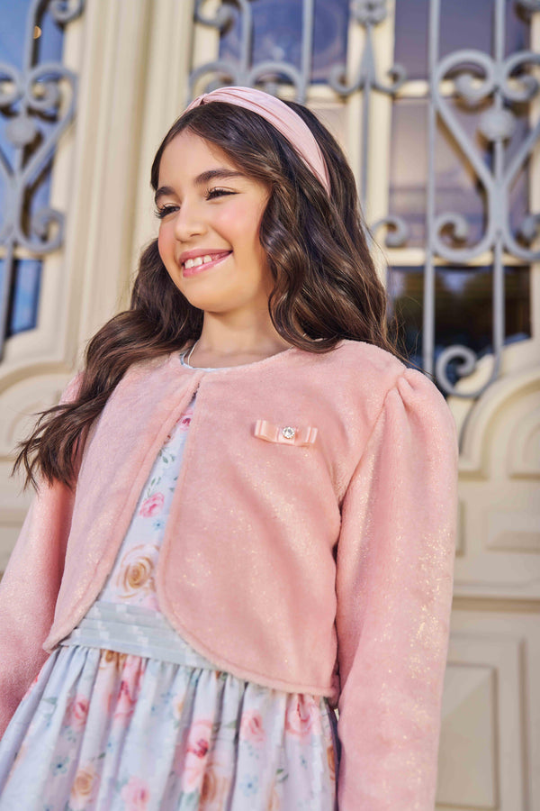 Conjunto Vestido Chiffon Estampado e Bolero Pelo Foil Brilhoso Festa Paraiso