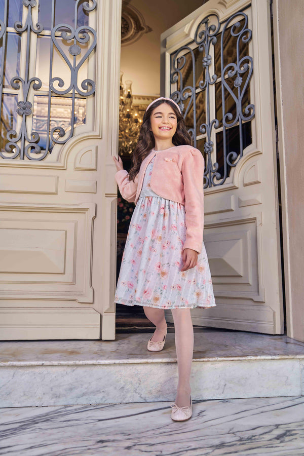 Conjunto Vestido Chiffon Estampado e Bolero Pelo Foil Brilhoso Festa Paraiso