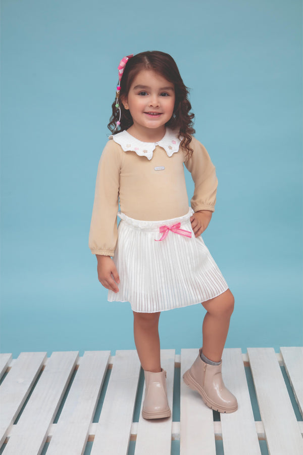 Conjunto de Body em Plush Liso com Bordado e Saia Shorts em Plush Devorê Le Bhua