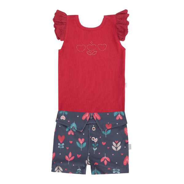 Conjunto de Body em Malha Canelada com Lese e Shorts em Malha Tricô Estampada Le Bhua