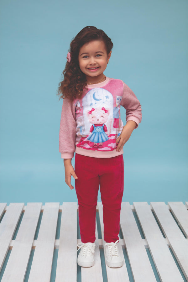Conjunto de Blusa em Malha Felpada com Estampa e Calça em Plush Cotelê Aveludado Le Bhua