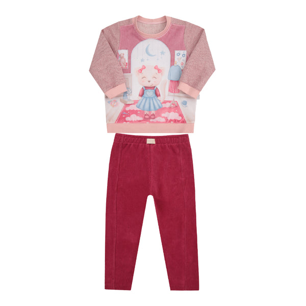Conjunto de Blusa em Malha Felpada com Estampa e Calça em Plush Cotelê Aveludado Le Bhua