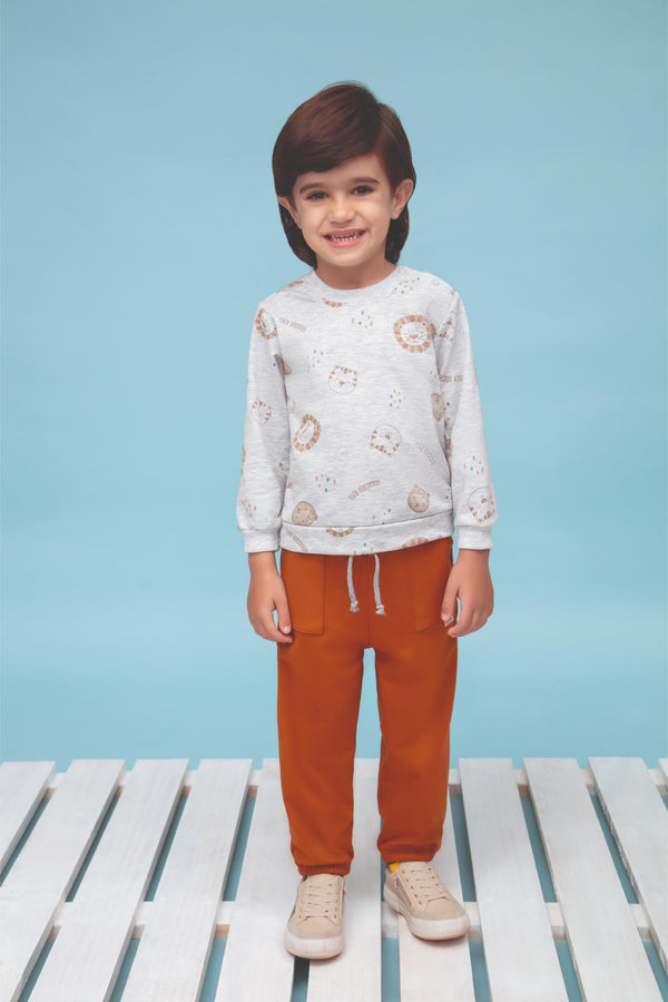 Conjunto de Blusa em Malha Mescla Felpada Estampada e Calça Modal Brush Le Bhua