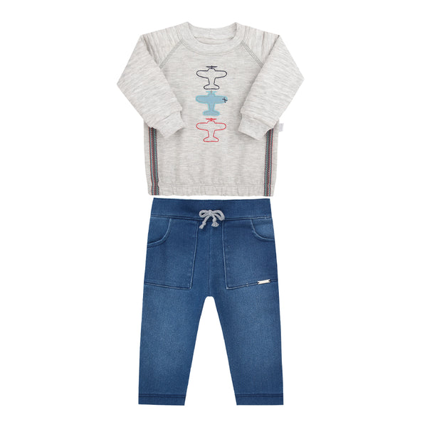 Conjunto de Blusa em Malha Mescla Felpada com Mangas Matelassê e Calça Jeans Le Bhua