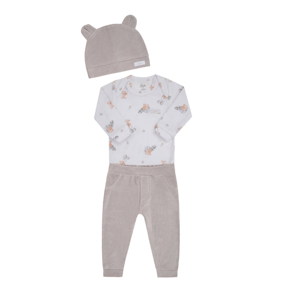Kit Presente 3 Peças com Body Estampado, Calça e Touca com Orelhinha em Plush Aveludado Letut LT17382