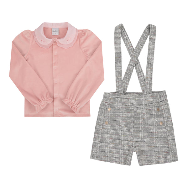 Conjunto Blusa Plush com Gola Bordada e Shorts Tweed Mesclado com Alça Regulável Paraiso