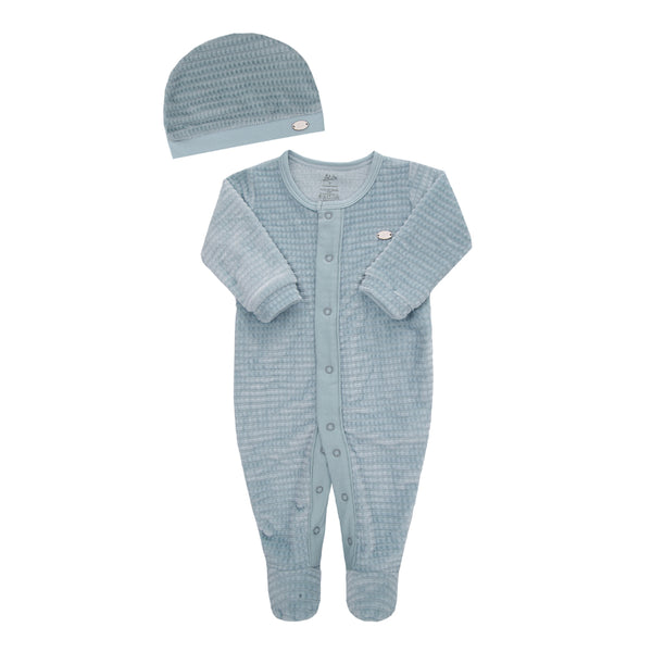 Kit Presente 2 Peças com Macacão Longo e Touca em Plush Jacquard Aveludado Texturizado Letut