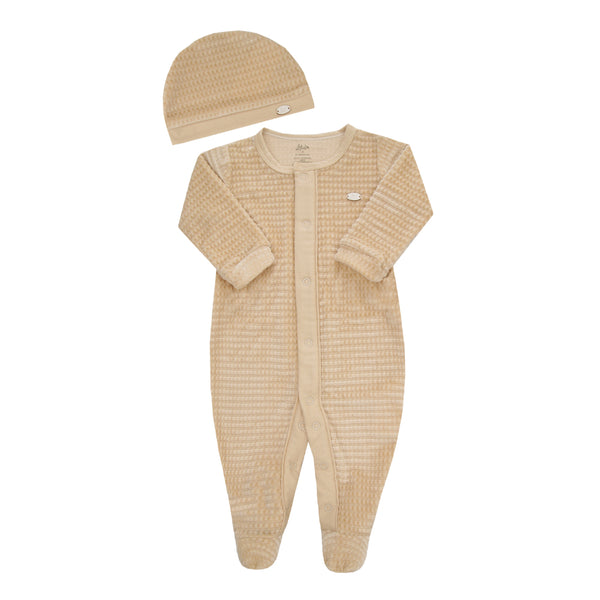 Kit Presente 2 Peças com Macacão Longo e Touca em Plush Jacquard Aveludado Texturizado Letut