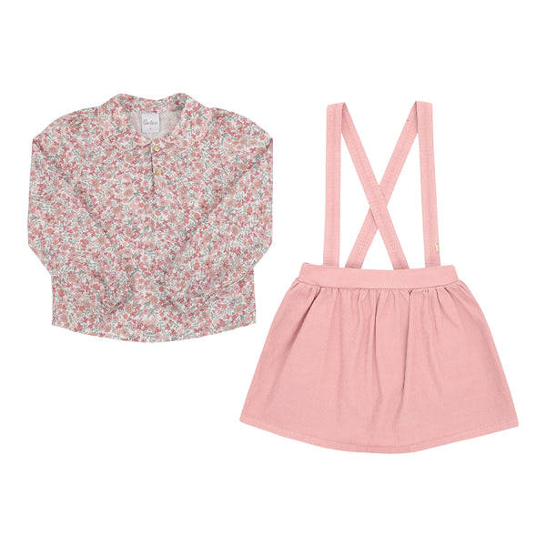 Conjunto Blusa Viscose Floral com Gola Bordada e Saia Shorts Sarja Cotelê com Alças Reguláveis Paraiso 17939